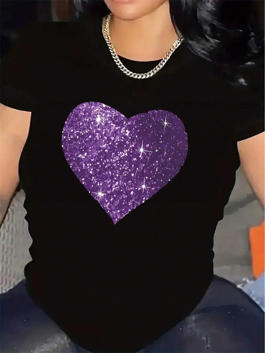 MexicanPlus Plus Size Short Sleeve T-Shirt With Purple Glitter Heart Print - Lightweight Casual Crew Neck Blouse | Suitable For Home, Restaurants, And Casual Wear | Machine Washable Opaque Shirt For Spring/Summer | Durable And Comfortable Everyday Outfits | Cotton T-Shirt | Summer Fashion - 黑色 - 查看 1