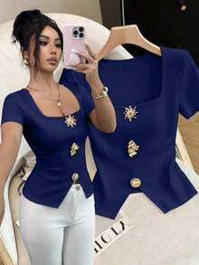 Blusa elegante y urbana de cuello cuadrado con decoración metálica de manga corta ajustada para mujer, adecuada para uso diario, bodas, galas, viajes, fiestas de graduación, vacaciones, citas, fiestas, Halloween, Navidad, Año Nuevo, Acción de Gracias, bodas - Azul marino - Ver 9
