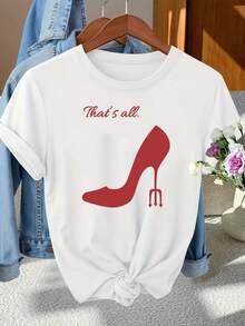 Women's Printed Short Sleeve T-Shirt - That's It, High Heels - Fashionable Printed T-Shirt For Women, Spring/Summer, White, Soft And Comfortable, Your Best Choice! - 白色 - 查看 1