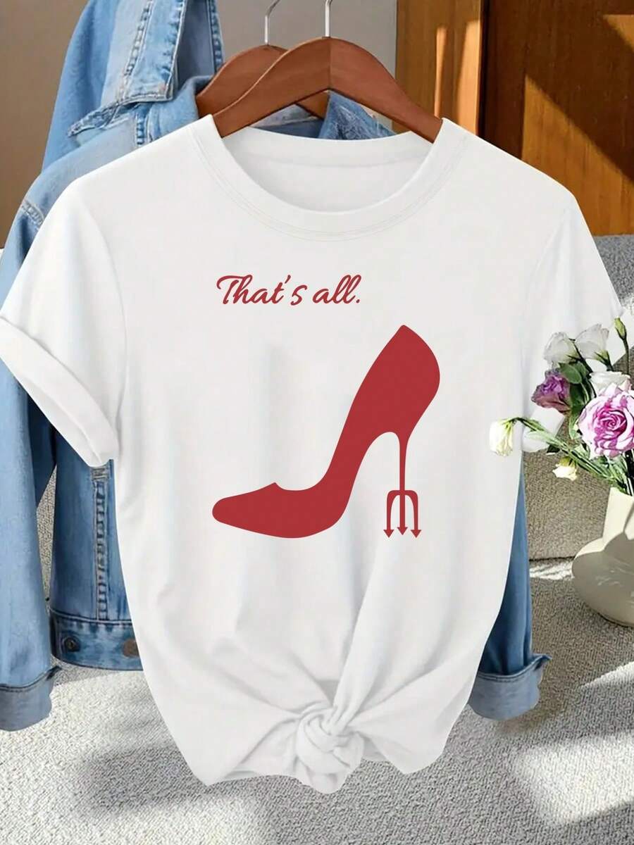 Women's Printed Short Sleeve T-Shirt - That's It, High Heels - Fashionable Printed T-Shirt For Women, Spring/Summer, White, Soft And Comfortable, Your Best Choice! - 白色 - 查看 1