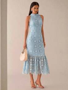Vestido elegante sin mangas con cintura ceñida para mujer - Azul - Ver 4