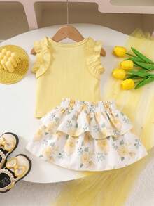 2 piezas Conjunto de niña bebé con blusa de manga con volantes acanalada y falda con estampado de moño, adecuado para el verano - Amarillo - Ver 2