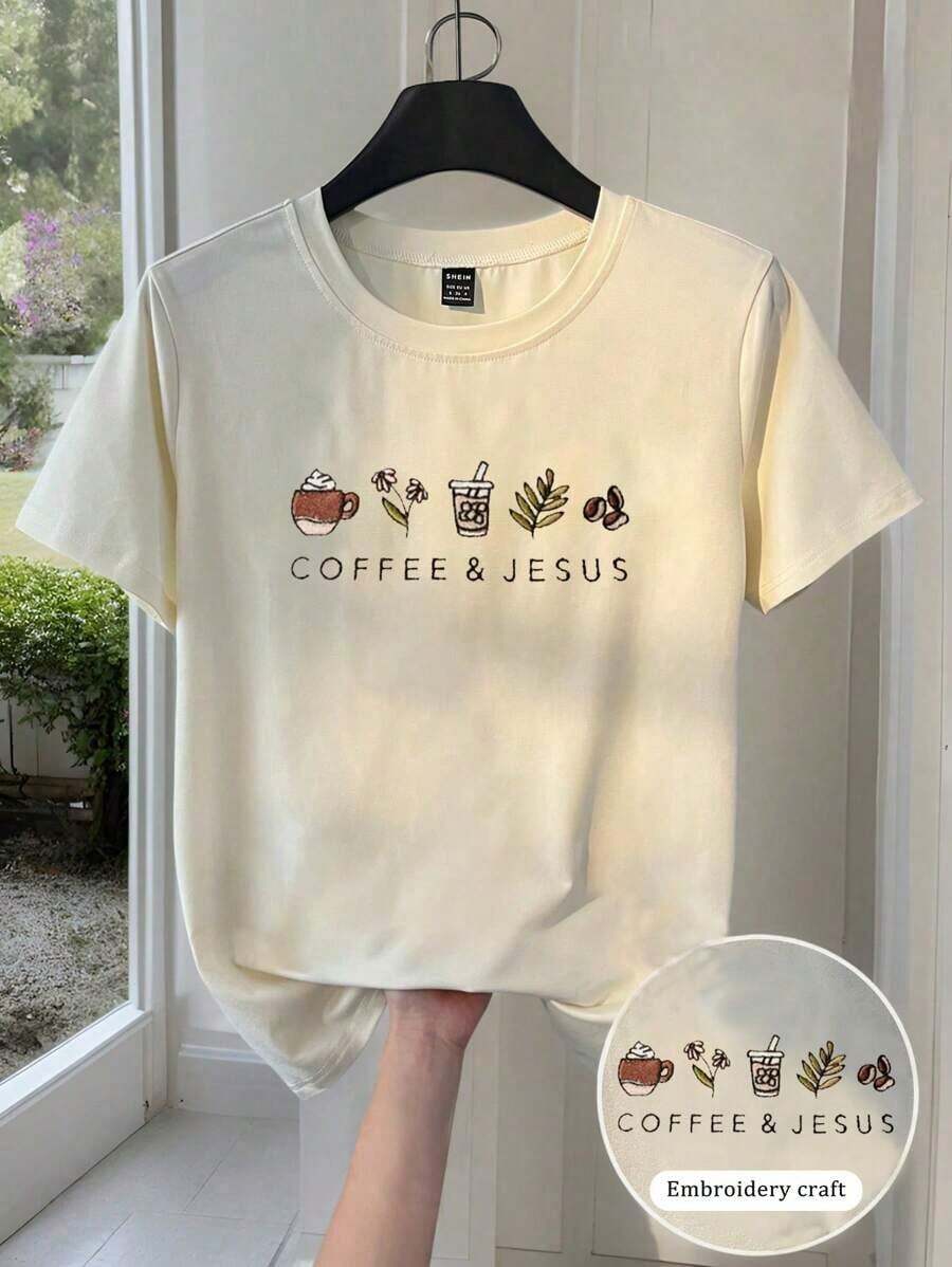 Camiseta estampada de mujer con cuello redondo, bordado de granos de café100% Cotton - Albaricoque 2 - Ver 1