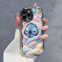 Disney Lilo & Stitch Phone Case, Cartoon Art Protective Cover. Compatible With IPhone 17, 16, 15, 14, 13, 12, 11 Pro Series, Featuring Plush Stitch Wrapped In A Pink And Blue Blanket Against A Pastel Starry Sky Background, Perfect For Animation Fans, Ideal For Birthdays, Holidays, Anniversaries, Graduation Gifts, Or Any Special Occasion To Surprise Family, Friends, Classmates, And Loved Ones. - 銀色 - 查看 1