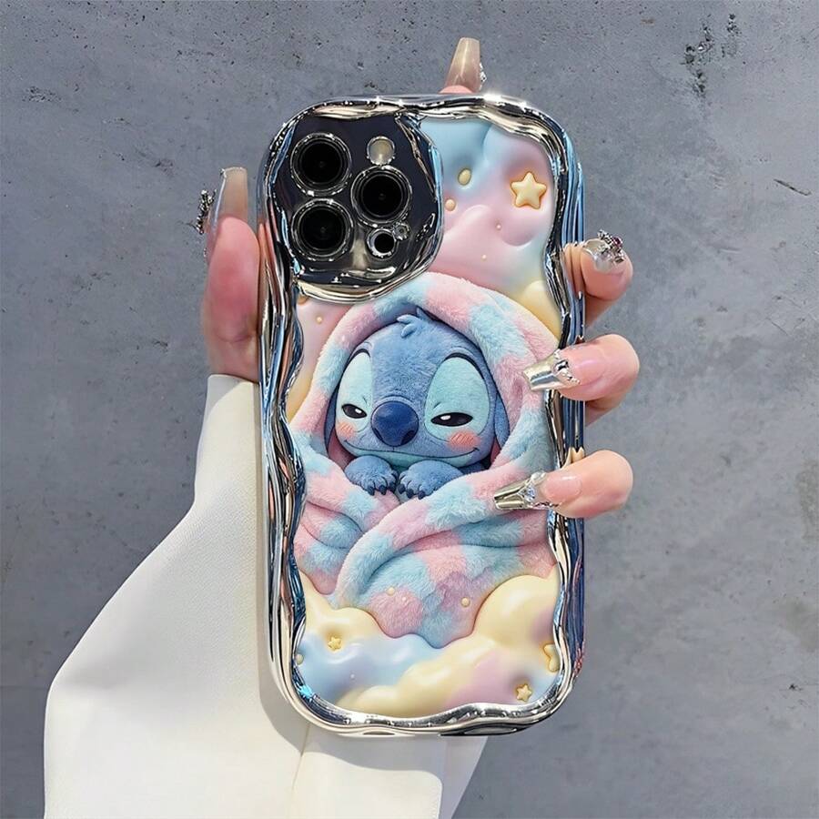 Disney Lilo & Stitch Phone Case, Cartoon Art Protective Cover. Compatible With IPhone 17, 16, 15, 14, 13, 12, 11 Pro Series, Featuring Plush Stitch Wrapped In A Pink And Blue Blanket Against A Pastel Starry Sky Background, Perfect For Animation Fans, Ideal For Birthdays, Holidays, Anniversaries, Graduation Gifts, Or Any Special Occasion To Surprise Family, Friends, Classmates, And Loved Ones. - 銀色 - 查看 1