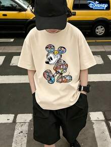 Disney Comic Collage Mickey Mouse Kids T-Shirt, Retro Character Panel Graphic, Casual Crew Neck Short Sleeve Tee, Unisex Boys Girls Fashion Top, Ideal For Disney Fans & Daily Wea - Màu be - Xem 1