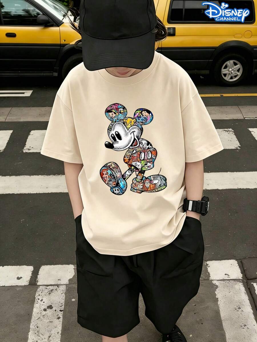 Disney Comic Collage Mickey Mouse Kids T-Shirt, Retro Character Panel Graphic, Casual Crew Neck Short Sleeve Tee, Unisex Boys Girls Fashion Top, Ideal For Disney Fans & Daily Wea - Màu be - Xem 1