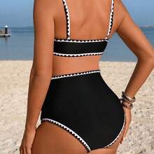 Swim Vcay Conjunto de traje de baño de maternidad casual de vacaciones de verano con diente de tiburón en contraste de color negro, 26SS - Azul - Ver 3