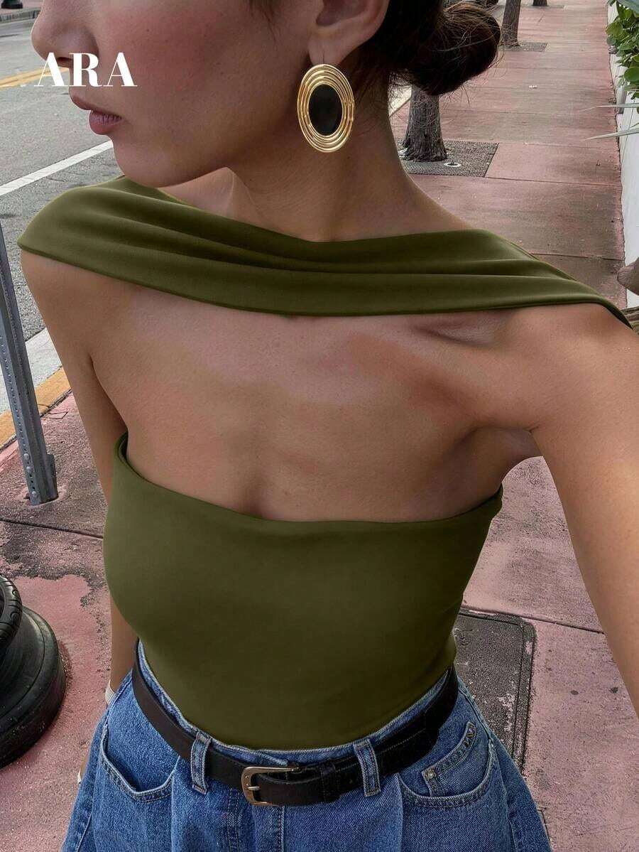 ARA CHIC Camisola Amarilla de Tirantes Finos con Espalda Descubierta y Escote Bajo para Mujer, Top Sexy, Ajustado, Cómodo y Versátil, Nueva Colección Primavera/Verano para Vacaciones y Viajes Diarios - Verde Oliva - Ver 1
