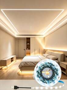 [1m/2m/3米/5m/10m LED燈條，電視背光，家居裝飾照明，家用LED夜燈，適用於家庭、房間、客廳、臥室、廚房裝飾，附電源，冷白/暖白，超亮且柔和，高密度，柔軟可裁剪LED燈條，適用於廚房、櫥櫃、層架、檯面、臥室，附感應開關衣櫥燈] - 白色 - 查看 1