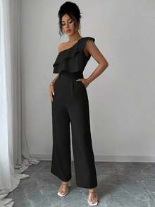 Mono de mujer con diseño casual apropiado para vacaciones de primavera/verano, adecuado para la oficina, el transporte, la playa y la hora del té de la tarde, con tirantes de espagueti, cintura con doble volante y silueta recta y suelta - Negro - Ver 3