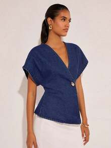 Denim Blusa de mezclilla de manga de murciélago con un solo botón de moda para mujer, de verano - Azul marino - Ver 5