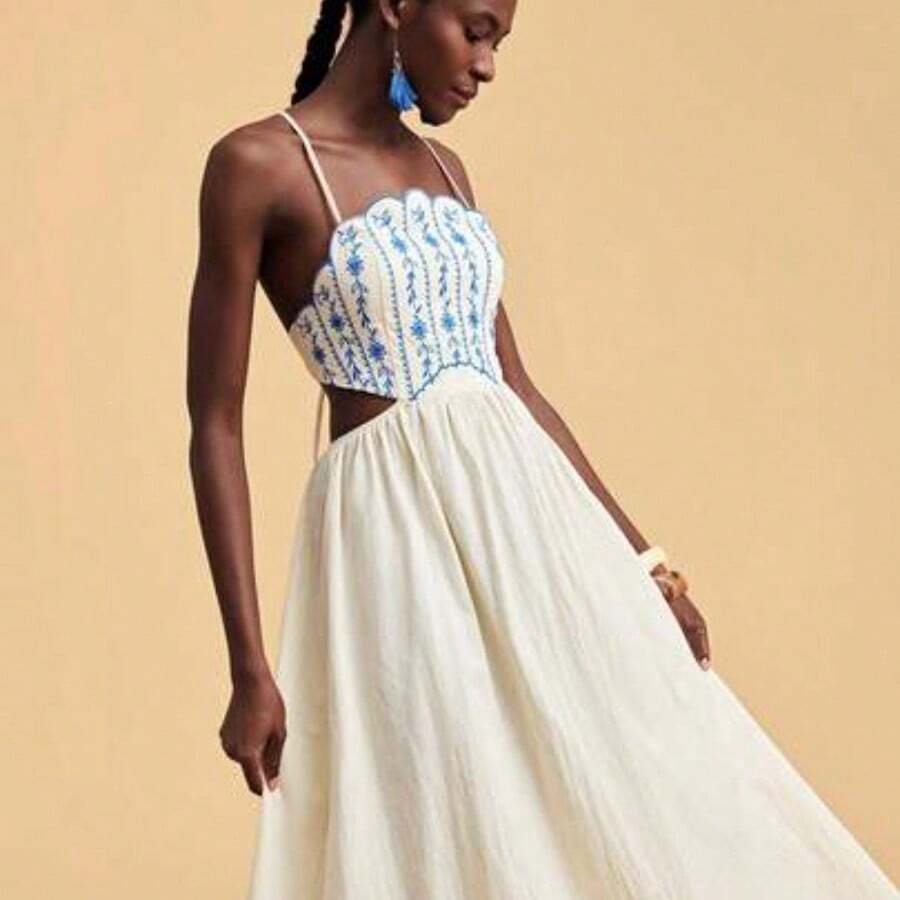 Floral Embroidery Elegant Backless Vacation Camisole Dress,Summer Dress,Summer Outfits,Summer Dresses For Women,Elegant Dresses For Women,Vacation Outfits Women, Beach Dress,White Dress,Casual Dresses For Women,Festival Dresses - Albaricoque - Ver 1