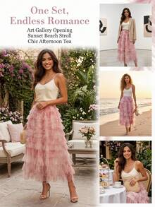Saia Midi Tule Multicamadas Feminina - Cintura Alta Babado Rosa Bainha Volumosa Saia de Tule em Forma de A, Adequada para Convidados de Casamento, Festas, Formaturas, Verão - Rosa chiclete - Visão 11