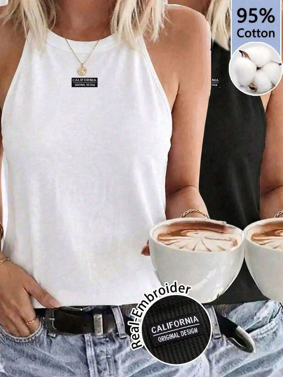 LUNE Camiseta de tirantes de cuello halter casual y cómoda para mujer, 95% algodón, adecuada para el verano - Multicolor - Ver 1