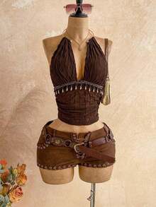 Top sin espalda con cuello halter y textura vintage para mujer, verano - Marrón - Ver 8