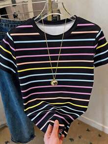 Camiseta de mujer de manga corta con cuello redondo y rayas, casual de verano - Multicolor 8 - Ver 3