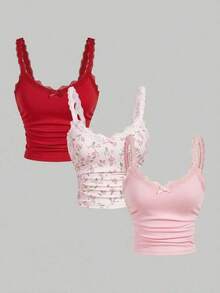 Paquete de 3 tops de camisola con lazo y encaje de contraste, femeninos y lindos, ropa de invierno, Navidad, Año Nuevo, Acción de Gracias - Multicolor 6 - Ver 11