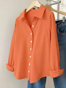 Camisa casual de mujer de un solo pecho de manga larga con hombros caídos y unicolor - Naranja Coral - Ver 7