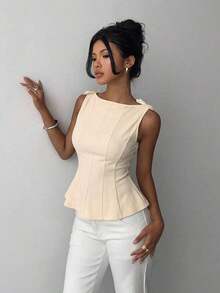 sin mangas elegante para ir a la oficina, diseño minimalista, casual de negocios para mujer, ropa de oficina, salir, para maestras, blusa casual para mujer, blusa social para mujer - Albaricoque - Ver 8