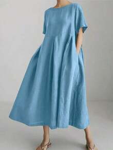 Vestido de lino suelto, casual, elegante y cómodo para mujer.Vestido largo suelto de manga corta, con bolsillo, cuello redondo y unicolor.Ajuste relajado para el verano - Azul - Ver 6