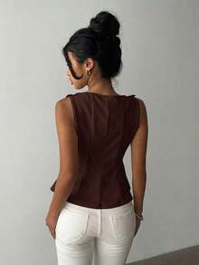 sin mangas elegante para ir a la oficina, diseño minimalista, casual de negocios para mujer, ropa de oficina, salir, para maestras, blusa casual para mujer, blusa social para mujer - Café integral - Ver 2