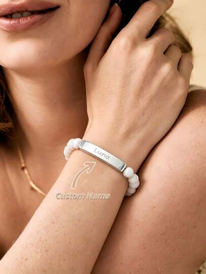 1 pieza Pulsera personalizada de mujer con piedra natural, pulsera de cuentas de piedra natural personalizada de moda, regalo para novia, pulsera personalizada para el Día de la Madre, pulsera con texto grabado por láser, pulsera con nombre personalizado, pulsera con fecha de aniversario grabada, pulsera elástica de piedra natural colorida, pulsera de mujer, pulsera personalizada para mamá, regalo de Navidad personalizado para ella, pulsera de cuentas con nombre personalizado