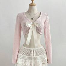 Women's Light Pink Cute Cardigan, Sexy Tie Front Casual Daily Commute Sun Protection Top, Elegant Vacation Stylish Sweater, Spring Summer - Rosa Pálido - Ver 4
