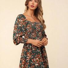 Floral Print Square Neck Flounce Sleeve Ruffle Hem Dress - Verde - Ver 3