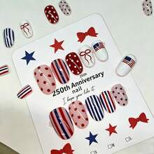 24Pcs Short Almond Press On Nails 4th Of July Independence Day Fake Nails 250Anniversary Nail Art Bow Striped Polka Dot Design America Flag Patriotic False Nails Reusable Stick On Nails For Women - ColorB - 查看 6