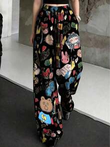 anchos de mujer con estampado de dibujos animados, pantalones casuales sueltos de primavera - Negro - Ver 2