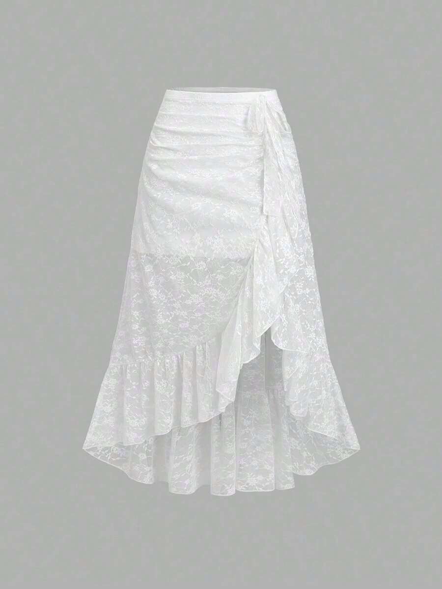 Falda de estilo vintage de palacio con dobladillo alto y bajo, de encaje floral blanco, para primavera/verano, con cordón, volantes y volados, falda de fiesta, falda de estilo bohemio - Blanco - Ver 1