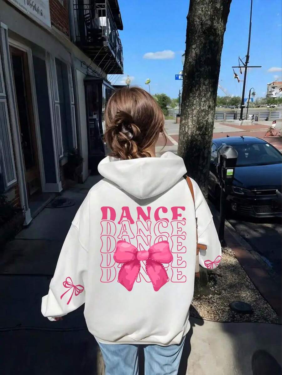 Girls' Dance Bow Back Print Pullover Sweatshirt, Casual Long Sleeve Loose Fit Sweatshirt, Suitable For Autumn/Winter - White - View 1