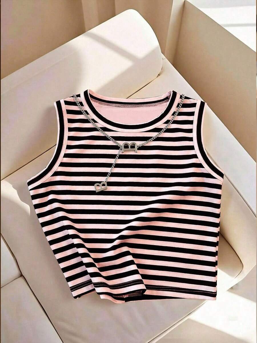 Camiseta de tirantes casual y versátil con cuello redondo y rayas para mujer - Multicolor 3 - Ver 1