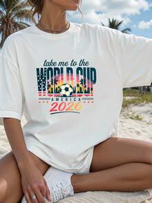 Women Pure Cotton T-Shirt Fun Print Take Me To The World Cup America Soccer Palm Tree Design Elegant Cute Summer Wear Y2K Style High Quality Summer Clothing Party Women Fashion Trendy Casual Top For Beach And Festivals - Blanco - Ver 1