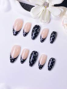 10 Pieces Of Handmade Almond-Shaped Jewelry Covers, Featuring White Threaded Gold-Rimmed French Styles, White Diamond Cherry French Styles - Black - View 3