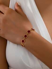 1pc Burgundy Five-Petal Flower Bracelet, Minimalist Elegant Design, Versatile For Daily Wear And Formal Occasions - Chain Bracelet - View 4