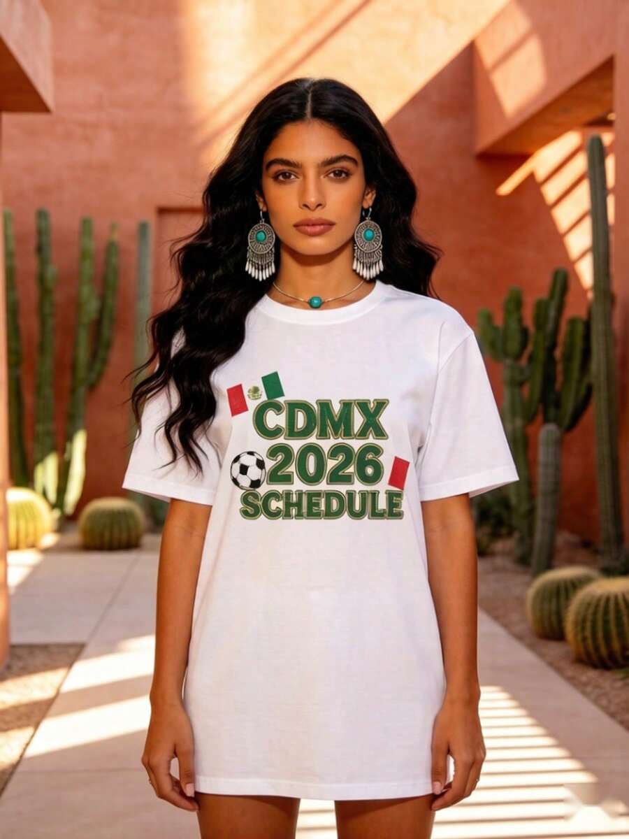 2026 Mexico City Football Calendar Graphic T-Shirt | 100% Cotton Fabric, Vintage Print Design With Mexican Flag And Soccer Ball | Casual Urban Style | Perfect For Everyday Wear, Outdoor Activities, Parties, Or As A Gift | Summer Fashion For Men And Women - 白色 - 查看 1