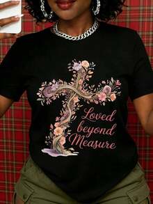 Camiseta Cristiana con Cruz Floral Loved Beyond Measure para Mujer, Regalo de Fe Religiosa, Camiseta Blanca de Algodón, Ropa Casual de Verano, Transpirable y Cómoda - Negro - Ver 6