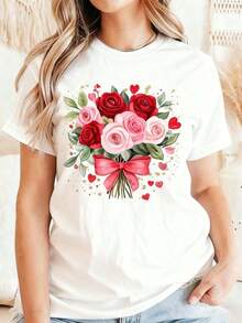 Women's T-Shirt With A Rose And Heart Print In A Casual And Modern Style, Round Neck, Soft And Comfortable, Perfect For Everyday Wear, Parties, Gifts, A Top Choice. Breathable And Comfortable. - 白色 - 查看 7