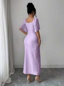 Vestido elegante ajustado con cuello de volantes, mangas de pétalos y hebilla metálica de bloque de color para mujer, primavera/verano - Morado - Ver 2
