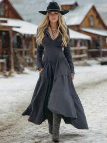 New  Women's Dress, Denim Style, Long Sleeves, Fitted Cut, Appliqué/Fabric Mix Design, Casual Style, Flattering Design, Perfect For Everyday And Urban Looks - 深灰色 - 查看 2