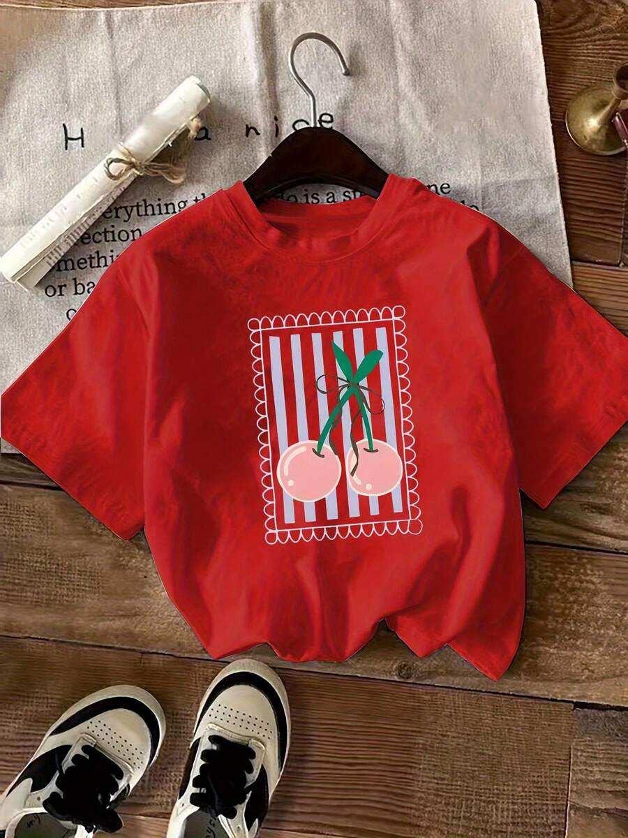 Women's Short-Sleeved Shirt With Cherry Print, Made Of Polyester Fiber, Round Neck, Suitable For All Seasons, Geometric Pattern, 180 Grams Per Square Meter, . - Red - View 1