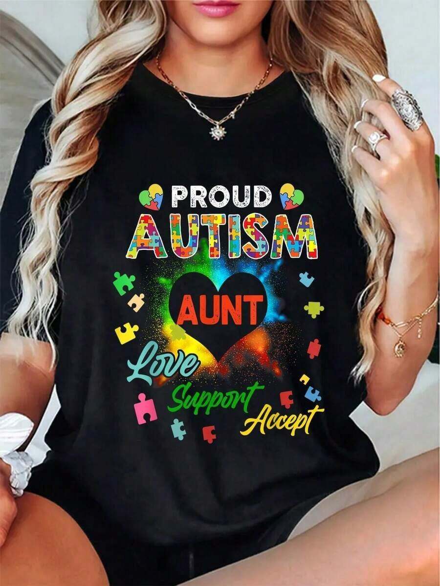 Camiseta Gráfica "Tía Orgullosa del Autismo" - Manga Corta Casual, Diseño Geométrico, Corazón Colorido y Arcoíris, Ropa de Concientización Familiar, Primavera/Verano/Otoño, Ropa de Concientización sobre el Autismo |   Estilo Casual |   Impresión de Calidad - Negro - Ver 1