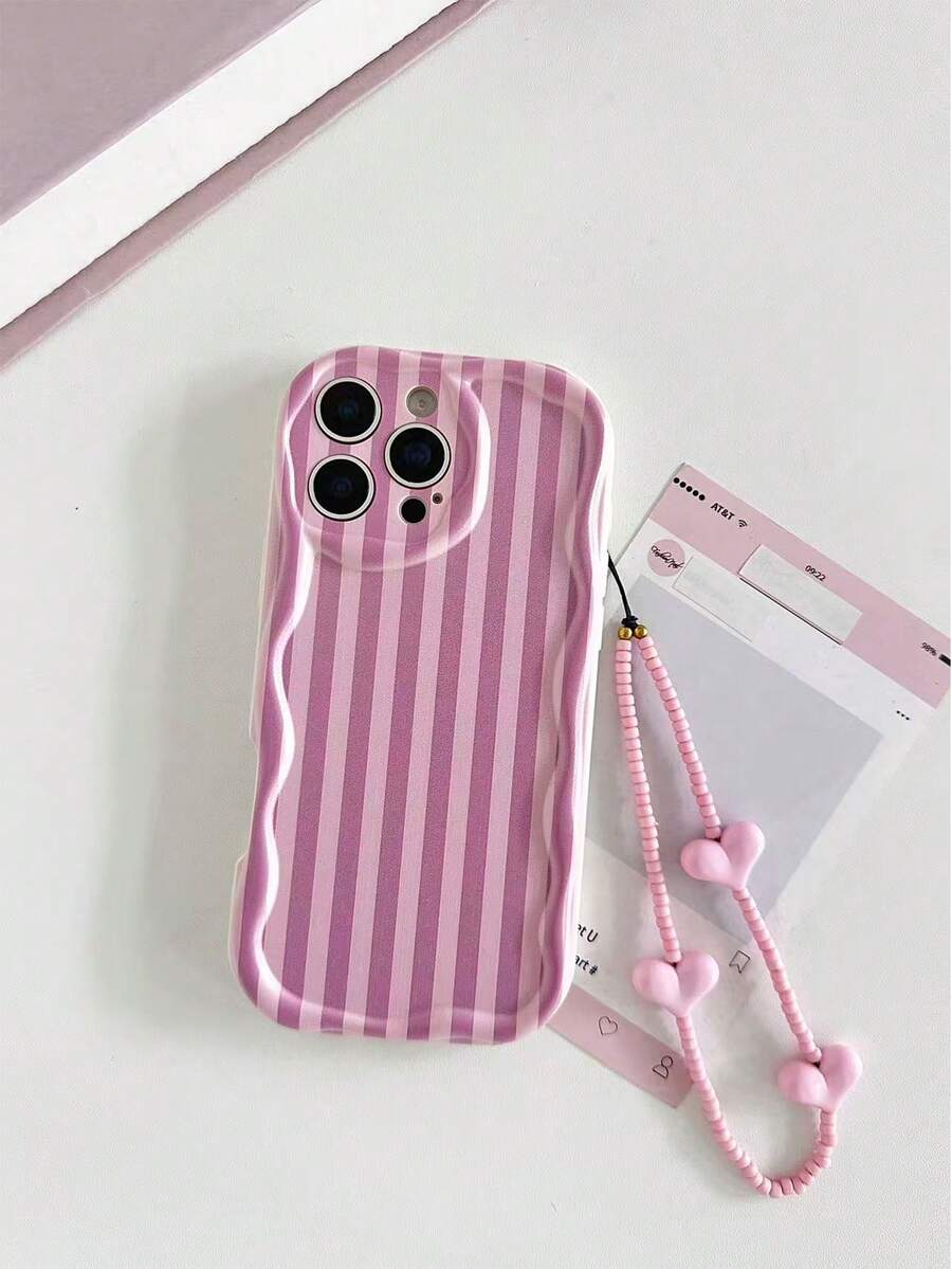 條紋米色波浪邊彩繪防摔手機殼附鍊條，適用於 iPhone 14、14 Pro、14 Pro Max、13、13 Pro、13 Pro Max、11、11 Pro Max、12、12 Pro、12 Pro Max、XR、7/8、XS，適用於 iPhone 15、15 Pro、15 Pro Max、16、16 Pro、16 Pro Max、Galaxy S23、S24、S25、S24 Plus、S25 Plus、A56 A36 A26 / A13 4G A22 A21S A51 4G A52 S22 Ultra A33 5G，適用於小米系列手機殼/保護套