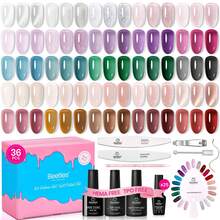 Beetles Summer Box 36Pcs 25 Colors Jelly Gel Nail Polish Set, Summer Pink Milky White Black Green Cat Eye Jelly Veil Gel, HEMA-Free TPO-Free With Base & Top Coat, UV LED DIY Salon Home Nail Art Gifts - 36Pcs 25 Colors Jelly - 查看 9