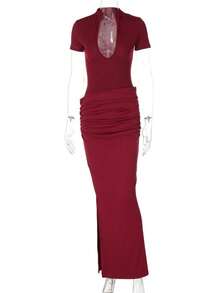Short Sleeve Dress With Pleated Design For Girls - Burgundy - View 5