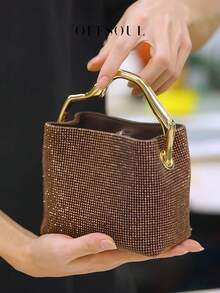 Túi xách dạ hội đính đá lấp lánh, Túi cầm tay dự tiệc mới, Túi xách đính pha lê lấp lánh cá nhân hóa, Túi xô thời trang tay cầm kim loại - Cà phê nâu - Xem 2