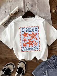 Summer New Arrival Casual Loose Fit Vacation Style White Cotton Starfish Print Short Sleeve T-shirt Women's Fitted Short-Sleeve Tee with Fun Graphics, Perfect for Everyday & Casual Work Looks - Blanco - Ver 1