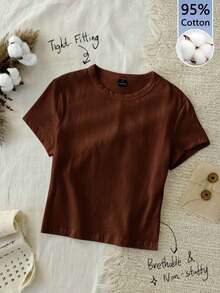 95% algodón. Camiseta corta de manga corta, cuello redondo, ajustada y recortada de unicolor minimalista casual para mujer, vintage, softgirl, elegante. Se puede usar en todas las estaciones, old money, salidas de verano, en casa, vuelta al cole, otoño. - Marrón - Ver 10